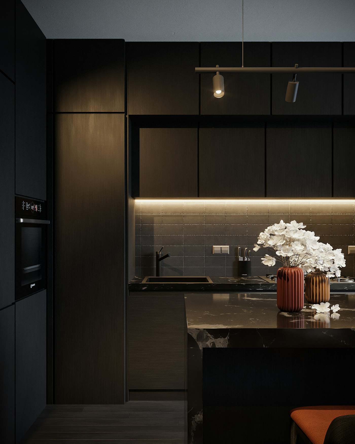 A warm, lamp-lit kitchen at dusk